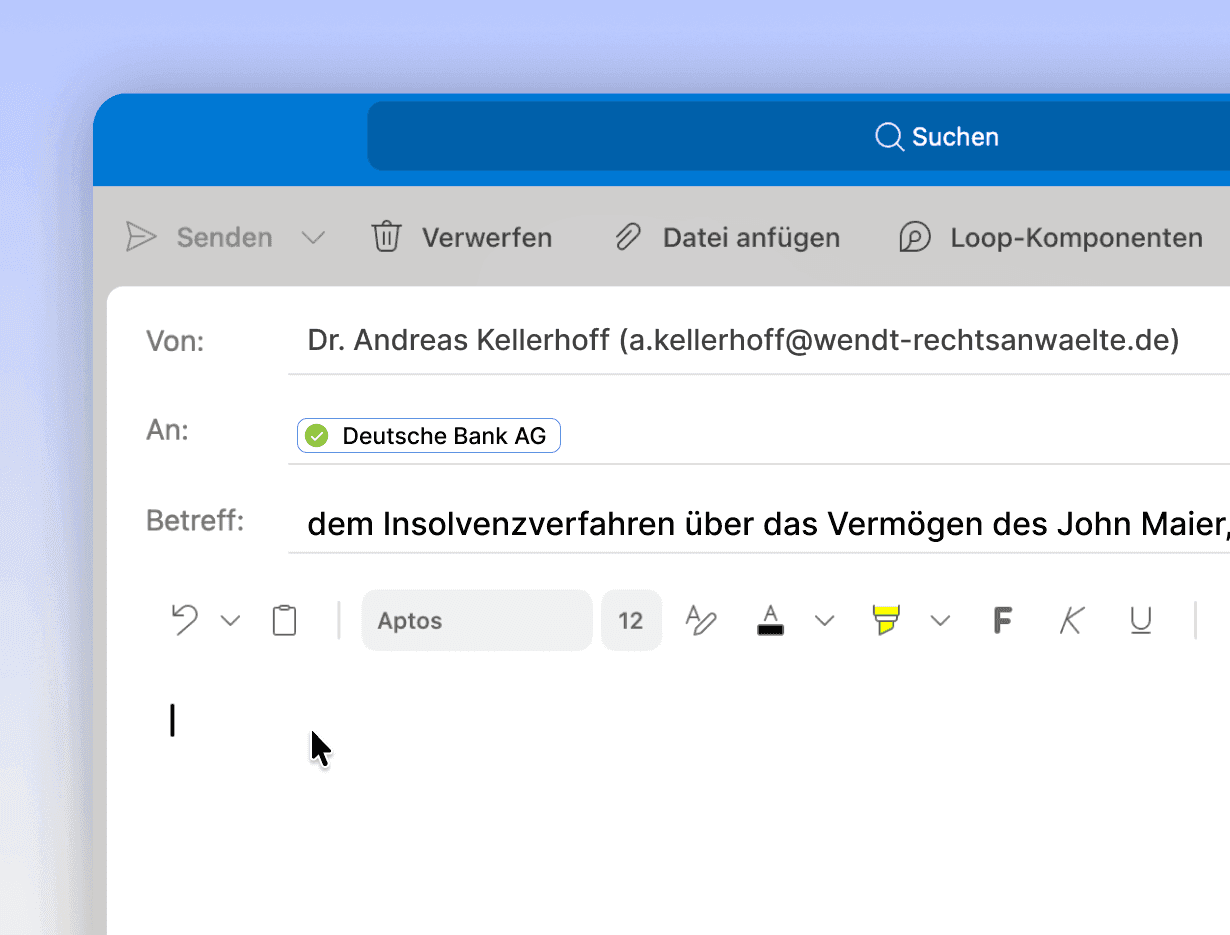 Leeres Textfeld in Outlook, in das mit Claid Dictate diktiert werden kann
