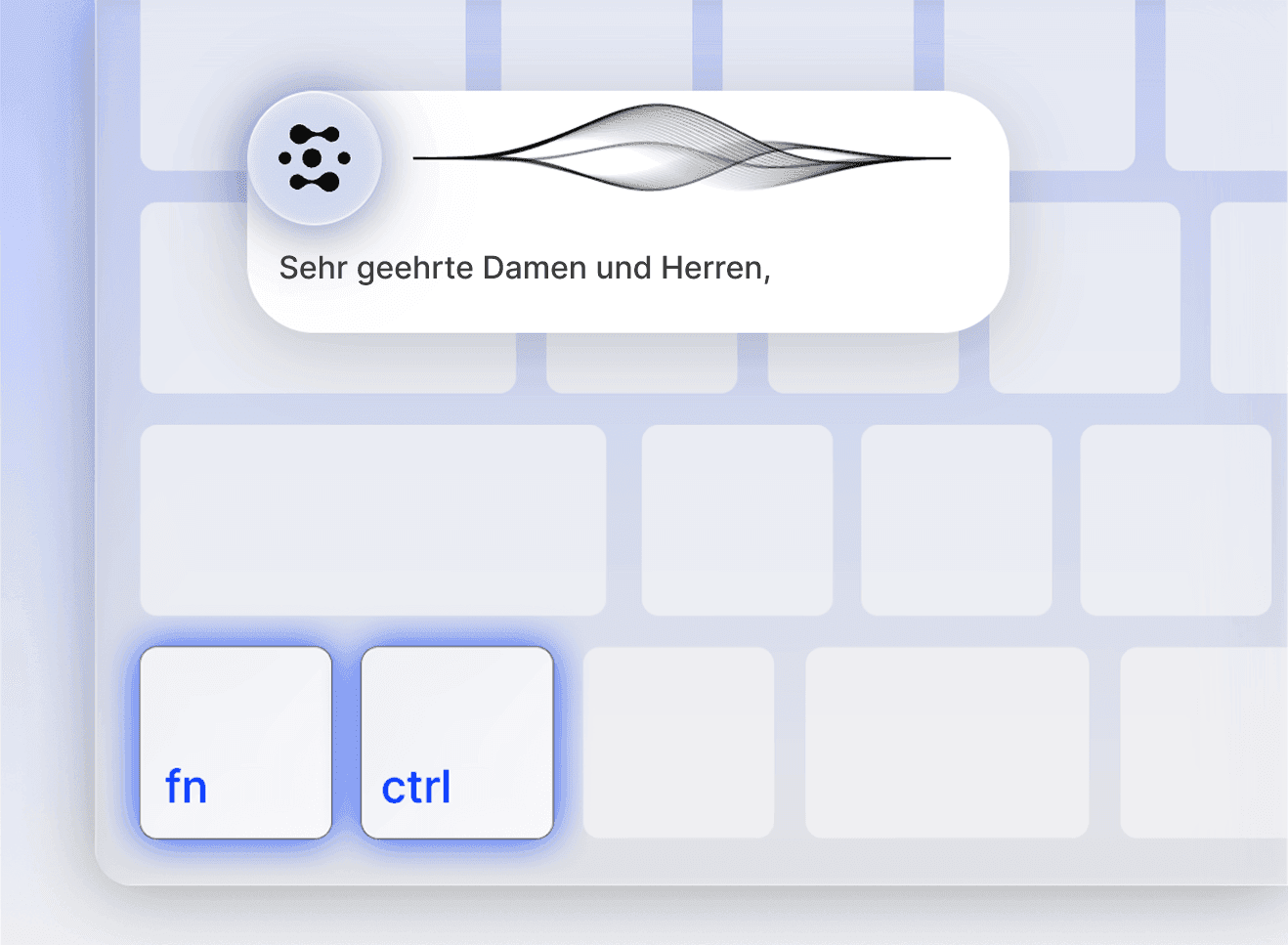 Tastenkürzel und Diktieranzeige von Claid Dictate über einer Tastatur