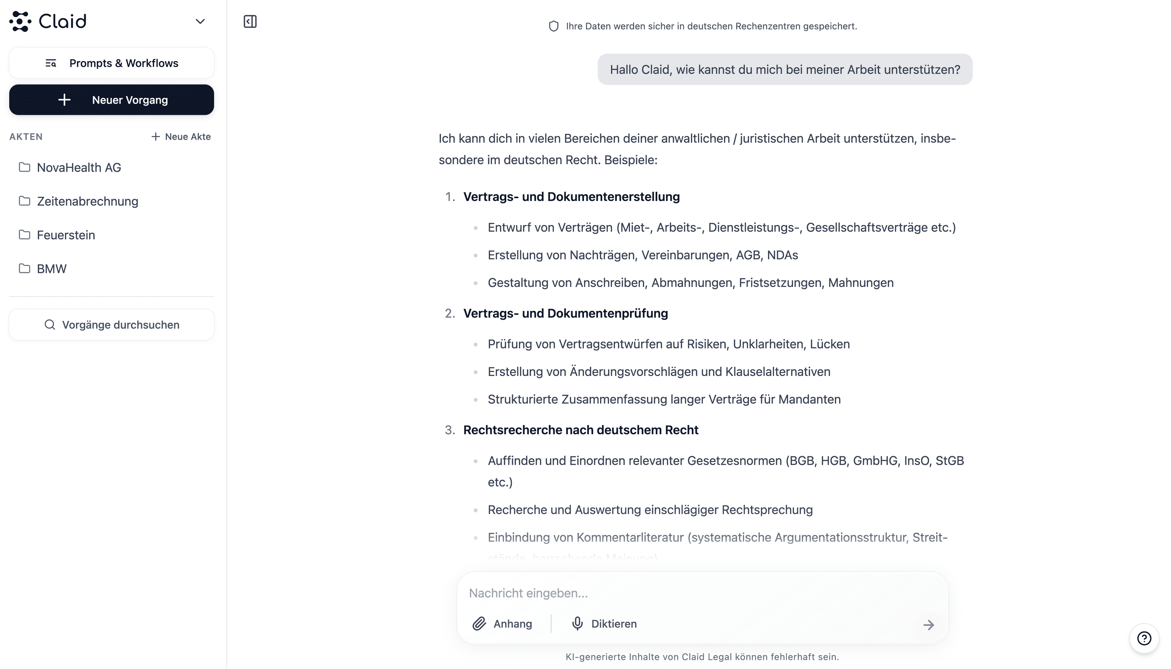 Vorschau der Claid Plattform — juristische Arbeit mit KI